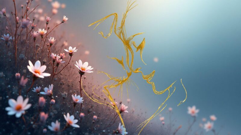Golden abstract lines rising among soft pink wildflowers under heavenly light — symbolizing the divine spark within all living beings and the timeless question: Do animals have souls?