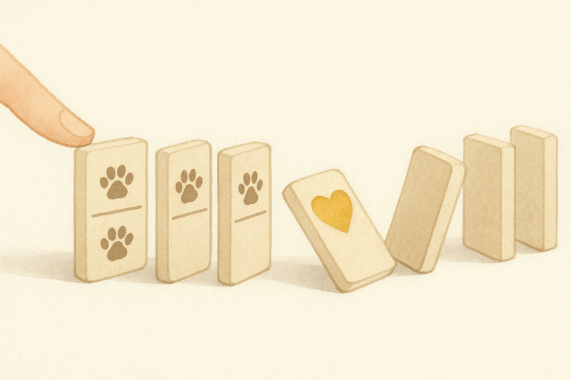 Dominoes symbolize how helping animals creates a positive ripple effect.
