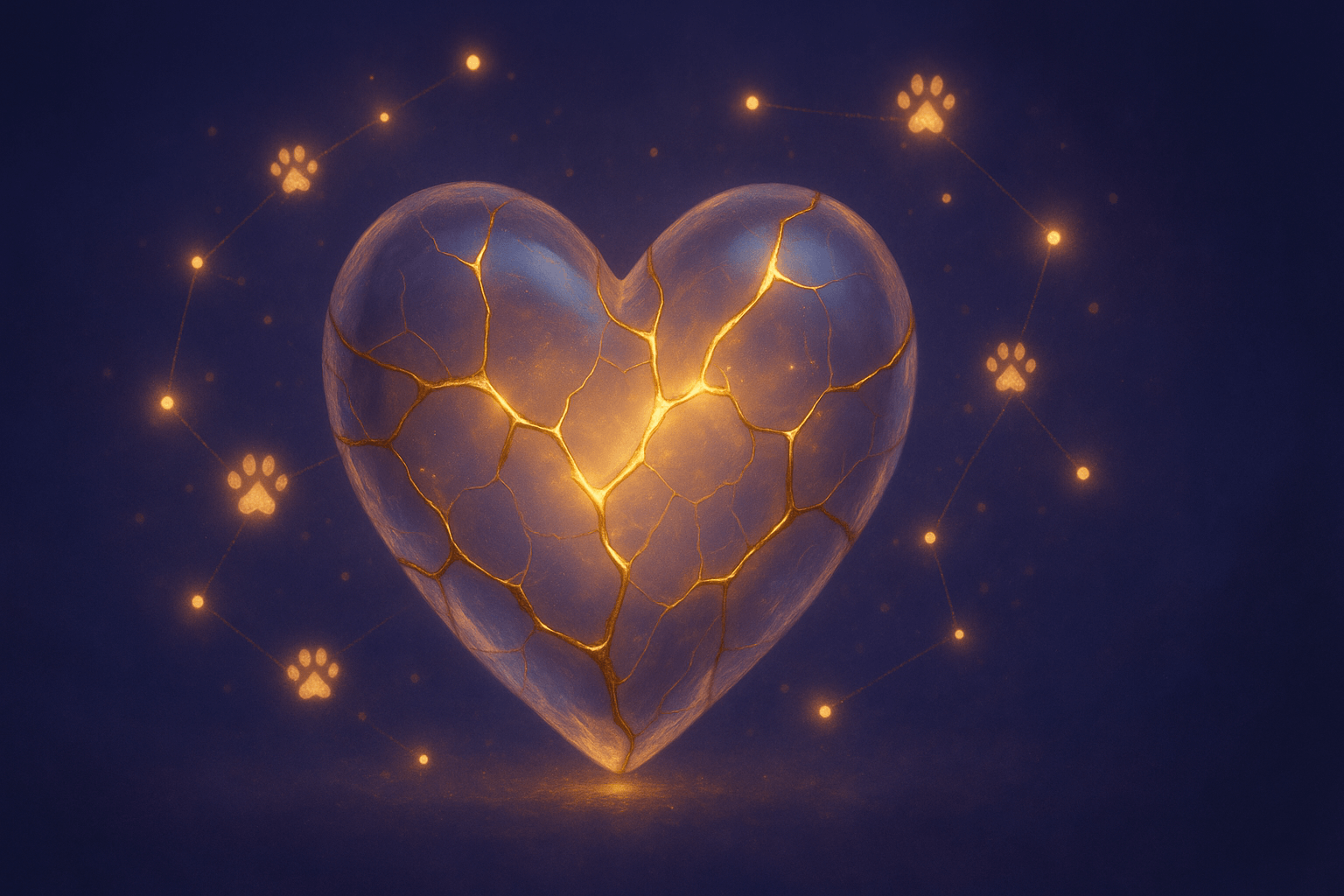 Strong because it’s tender — a heart with gold kintsugi lines and paw-print constellations.