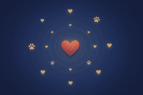 Stitched red heart with concentric circles, surrounded by hearts and paw prints -empathy extending to helping animals.