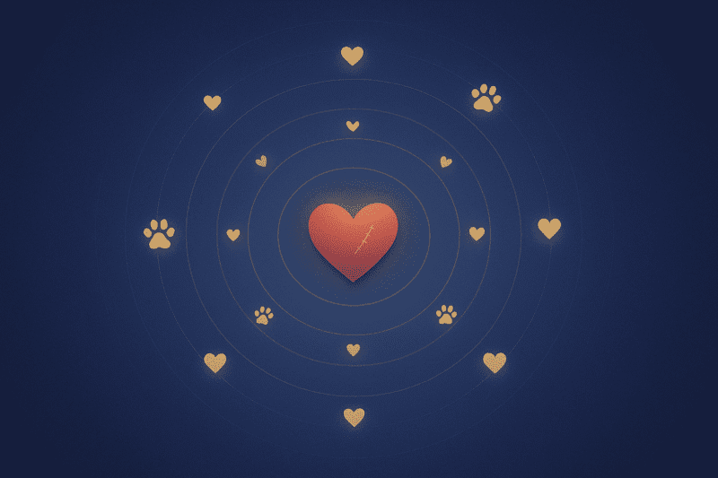 Stitched red heart with concentric circles, surrounded by hearts and paw prints -empathy extending to helping animals.