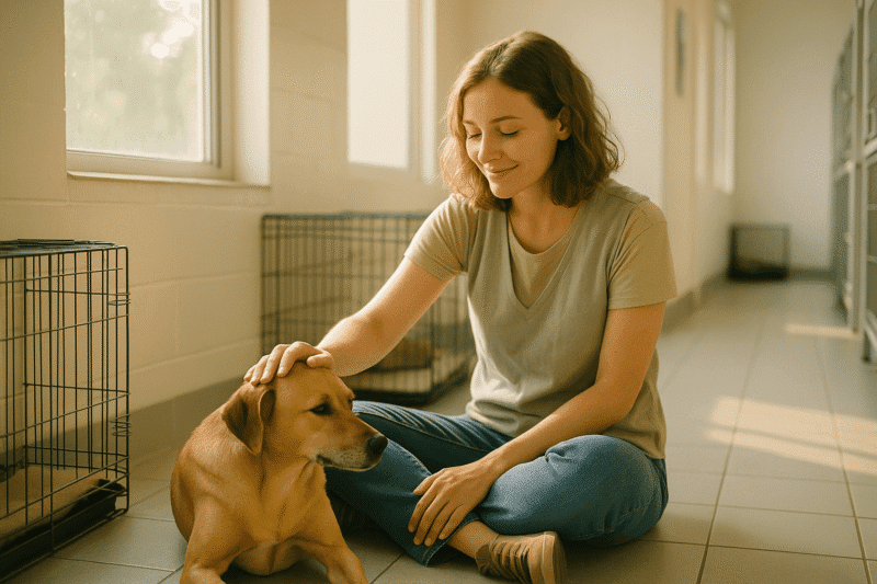 Woman in an animal shelter gently strokes a dog, reflecting everyday compassion from animal rescuers and volunteers.